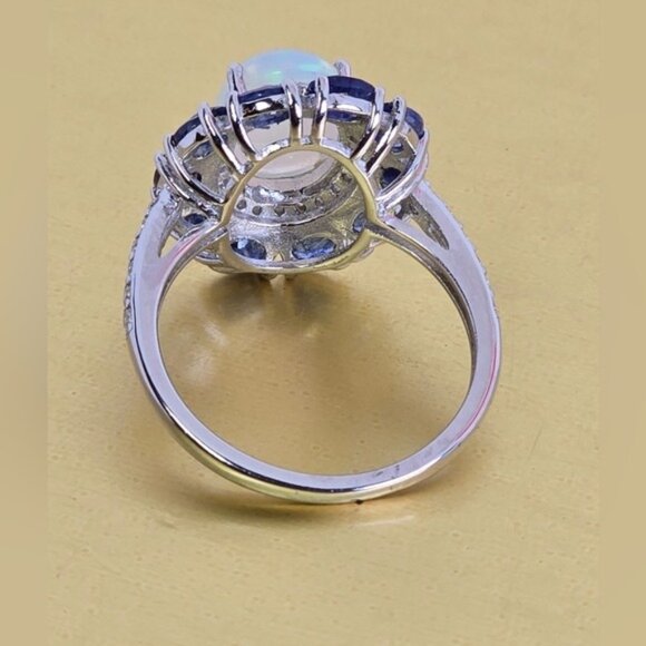 925 Sterling Silver Ring with Natural White Opal 8x10mm & Sapphire Gems - Picture 6 of 15